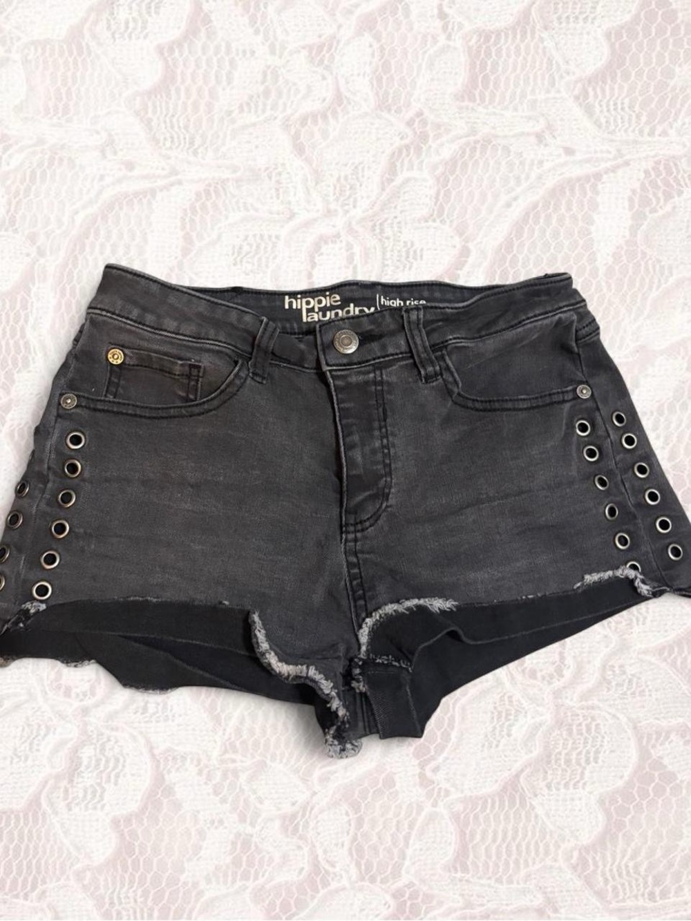 hippie laundry Black High-Rise Eyelet Denim Shorts